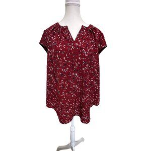 41 Hawthorn Womens 2X Red Floral Print Blouse With Split Neckline